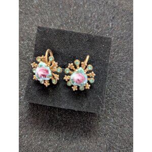 Vintage Gold-Tone Screw Back Earrings With Hand-Painted Floral Design